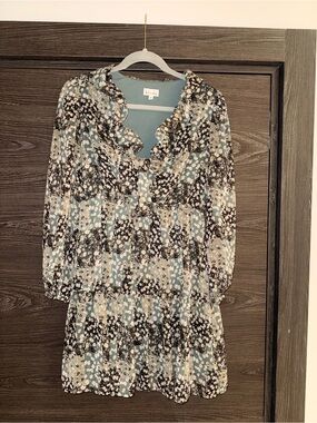Lightweight Floral Ruffle Long-Sleeve Mini Dress in Dusty Blue